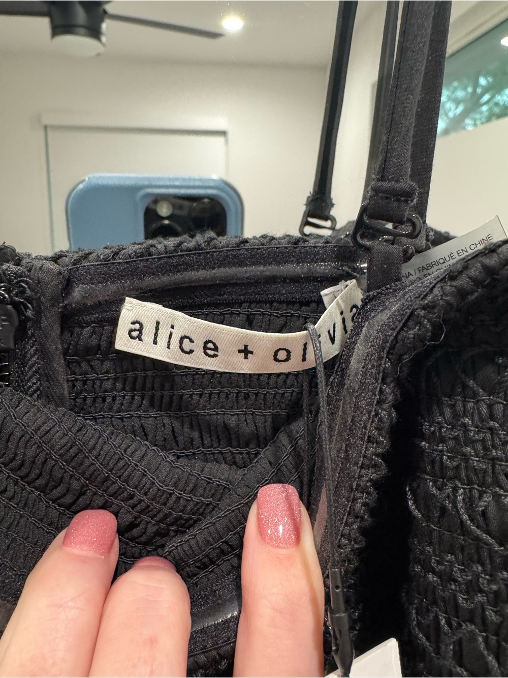 Alice + Olivia Black Smocked Mini Dress with Thin Straps - Picture 4 of 7